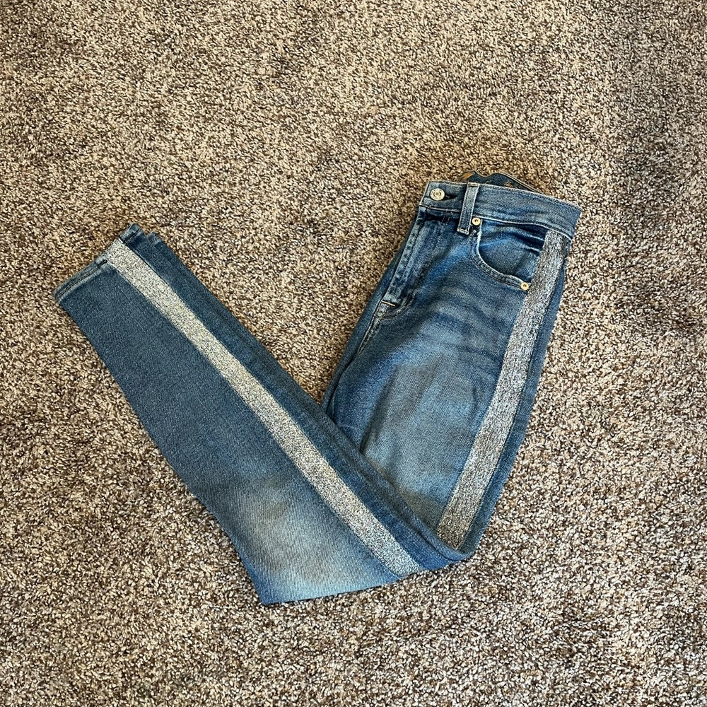 High Waist Ankle Skinny Jeans with Sparkle Sides